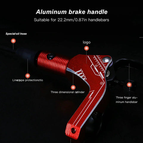 Aluminum brake handle for 22.2mm handlebars, featuring red accents for Upgrade Your Ride With This Heavy Duty Disc Brake Kit For Mountain Road And E Bikes Featuring Aluminum Alloy Hydraulic Mechanical Front Rear Setup Rock Solid Stops Tight Grip.