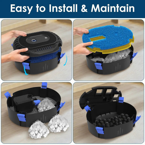 All In One Koi Pond Filter And Fountain Kit assembly showing 4-layer filtration with easy installation for ponds.