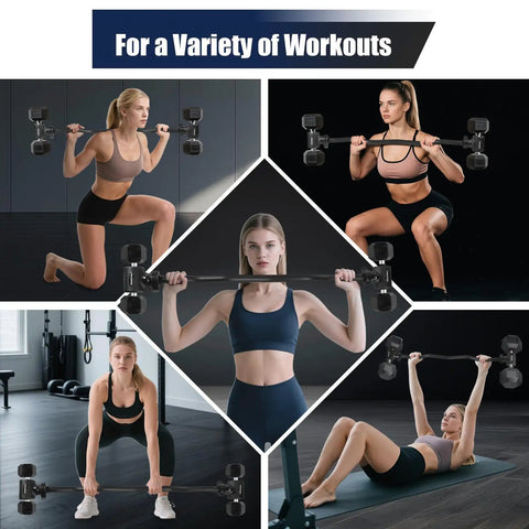 Turn Your Dumbbells Into A Full On Barbell With This EZ Curl Bar Adapter 200Lb Capacity Adjustable Weight Bar For Home Gym Fits Standard 1 To 1 And A Half Inch Dumbbell Handles Great For Biceps And Triceps Workouts, showing different exercises with adapter
