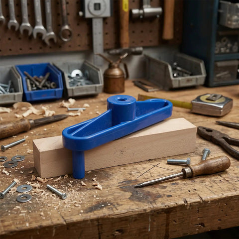 Rock Solid Magnetic Center Finder Tool For Woodworkers Needing Dead On Drill Layouts With Durable ABS Construction and Killer Precision Throughout Every Project on wooden block.