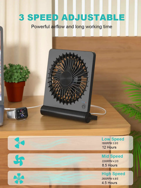 Ultra Quiet 6.8 Inch Desk Fan With Battery And USB Power 3 Speed Portable Travel Fan For Camping And Office on desk