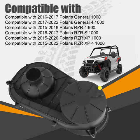 Beefy Outer Clutch Cover For Polaris General And RZR CVT Housing Replacement 2635611 with compatibility chart.