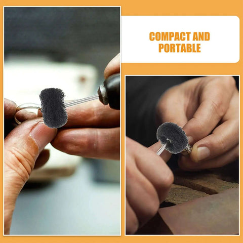 Close-up of 24 Piece Pro Grade Nylon Fiber Buffing Wheel Set With 3mm Shank Drill Polishing Discs in use for metal polishing