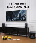 Living room setup with Dope 2.1 Bluetooth Speaker System with Wireless 8 Inch Subwoofer 150W Tri Amp Hi Res Audio