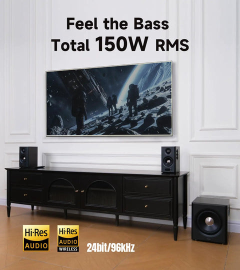 Living room setup with Dope 2.1 Bluetooth Speaker System with Wireless 8 Inch Subwoofer 150W Tri Amp Hi Res Audio
