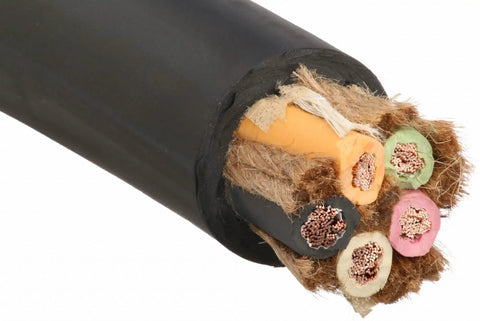 Kickin Heavy Duty 12AWG Five Conductors SOOW Portable Power Cable 600Volt Black 100Foot exposed conductors showing copper wiring