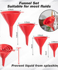 Four red flexible funnels with different sizes for 8 Piece Auto Oil Change Kit With 4 Wide Mouth Flexible Funnels With Handles 2 Large Plastic Funnels And Adjustable Oil Filter Wrenches Plus Drain Pan For Cars And Motorcycles.