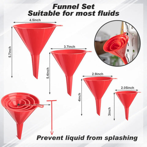 Four red flexible funnels with different sizes for 8 Piece Auto Oil Change Kit With 4 Wide Mouth Flexible Funnels With Handles 2 Large Plastic Funnels And Adjustable Oil Filter Wrenches Plus Drain Pan For Cars And Motorcycles.