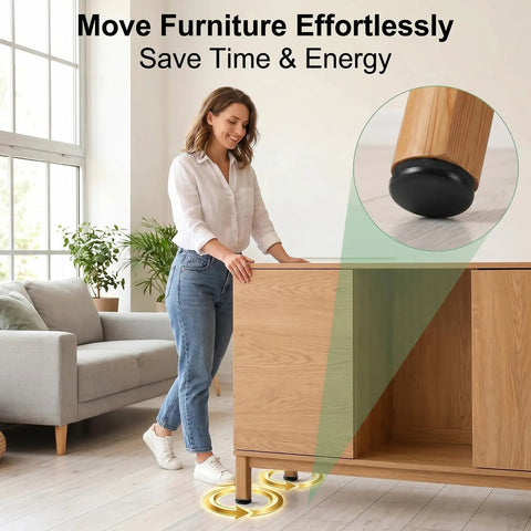 Woman using Heavy Duty 1 1/4 Inch Furniture Sliders Self Adhesive Glide Pads For Carpet And Hardwood Floors on cabinet leg