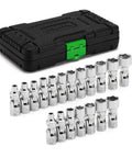 One Quarter Inch Drive Universal Joint Socket Set With Swivel Heads Six Point SAE Three Sixteenths To Nine Sixteenths Inch And Metric Five To Fifteen Millimeter CR-V Steel Flex Sockets For Easy Access In Tight Spaces, with case