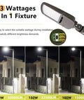 Three wattage options for Hella Bright 200W Outdoor LED Parking Lot Light with slip fitter in 5000K daylight.