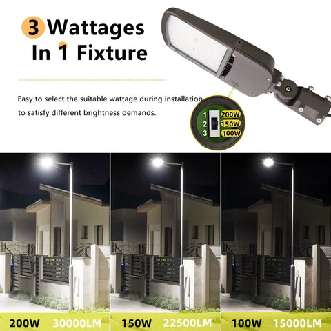 Three wattage options for Hella Bright 200W Outdoor LED Parking Lot Light with slip fitter in 5000K daylight.