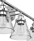 Close-up of Parker 3-Light Vanity Light in Chrome with Clear Glass Shades, Bulb Not Included, Rustic Modern Updated Vintage Bath Fixture