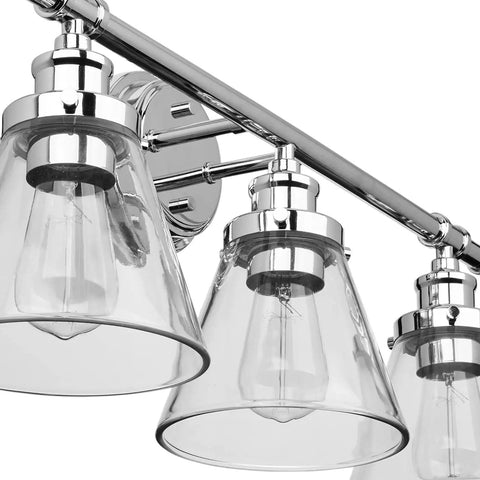Close-up of Parker 3-Light Vanity Light in Chrome with Clear Glass Shades, Bulb Not Included, Rustic Modern Updated Vintage Bath Fixture