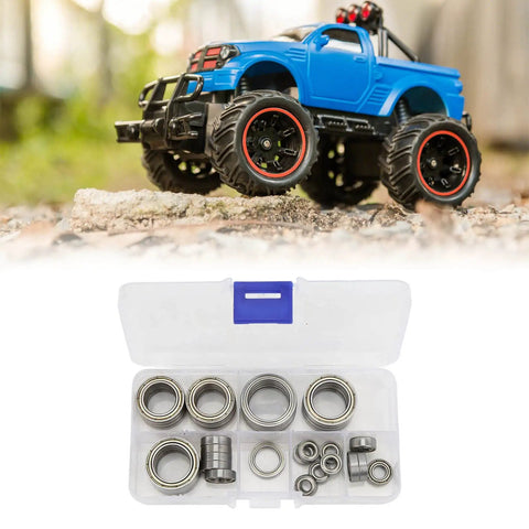 Xmaxx 6S 8S 1 Of 5 Stainless Steel Truck Ball Bearing Kit With Plastic Box Easy Installation High Precision RC Accessories Heavy Duty Corrosion Resistant Bearings For Maximum Stability And Long Lifespan On Rugged 1 Of 5 Scale RC Trucks; blue RC truck and bearing kit in plastic case