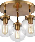 Three Light Matte Black Semi Flush Mount With Clear Glass Canopy Mid Century Modern Vibe 60W Medium Base Bulbs Recommended UL Listed Fixture 12 Inch Canopy Perfect For Living Room Hallway Or Entryway, angled view showcasing the clear glass globes and matte black finish.