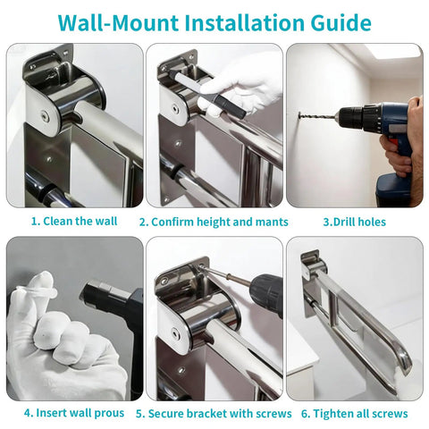 Installation guide for Flip Up Toilet Grab Bar With Built In Tissue Holder And Non Slip Knurled Grips Solid Bathroom Safety Rail.