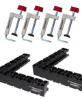 Fence Clamp Kit With 90 Degree Corner Clamps And Assembly Squares For Cabinets, Picture Frames, Shelving And More, Works On Interior Or Exterior Corners, Durable Six Piece Set with red knobs and black squares