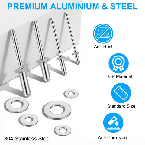 Must Have 1000-Piece Aluminum Pop Rivets Kit With 14 Sizes And Stainless Backup Washers shown with anti-rust features and dimensions.