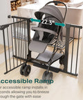 Auto Close Baby Gate For Stairs And Doorways With Easy Install Pressure Mounted Design Walk Through One Hand Operation Perfect For Pets And Little Ones In Black, shown with stroller passing through, door measurement 22.3 inches.