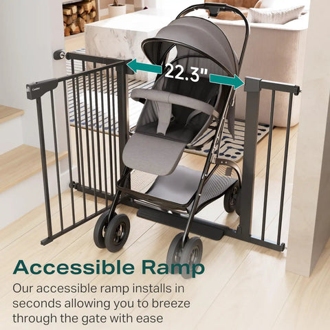 Auto Close Baby Gate For Stairs And Doorways With Easy Install Pressure Mounted Design Walk Through One Hand Operation Perfect For Pets And Little Ones In Black, shown with stroller passing through, door measurement 22.3 inches.
