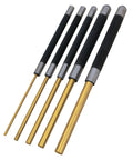 Brass Roll Pin Punch Set With Knurled Steel Handles 8 Inch 5 Piece For Deep Pins Reach In Tight Spots Grippy Knurled Grip Makes Pin Removal Easy From Machinery And Vehicles 1/8 Inch 3/16 Inch 1/4 Inch 5/16 Inch And 3/8 Inch on white background