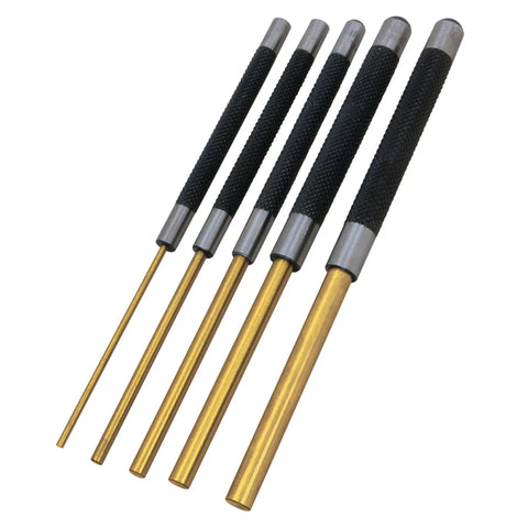 Brass Roll Pin Punch Set With Knurled Steel Handles 8 Inch 5 Piece For Deep Pins Reach In Tight Spots Grippy Knurled Grip Makes Pin Removal Easy From Machinery And Vehicles 1/8 Inch 3/16 Inch 1/4 Inch 5/16 Inch And 3/8 Inch on white background