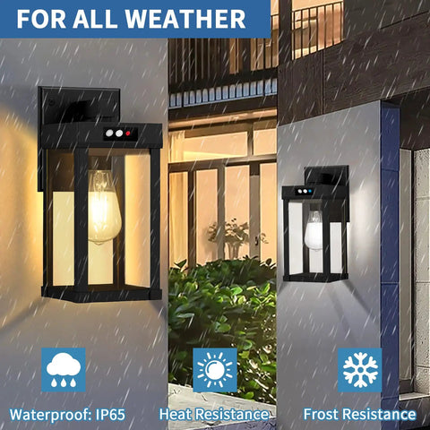 Outdoor Solar Wall Light With Motion Sensor And 3 Lighting Modes Two Bulbs Waterproof Porch Lantern on wall in rain