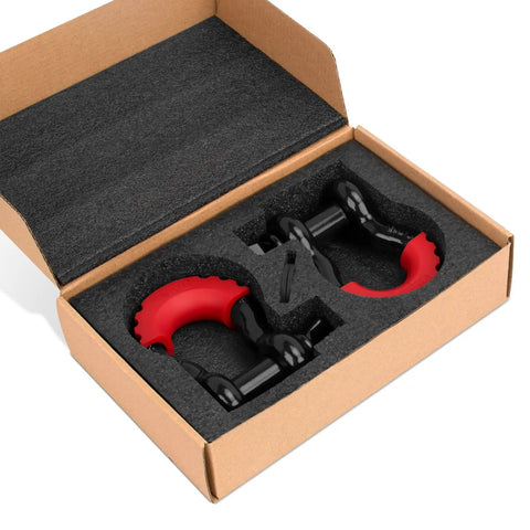 Open box showing Beefy 3/4 Inch D Ring Shackles 2 Pack with 7/8 Inch Screw Pin, heavy-duty black finish for vehicle towing and recovery.