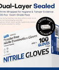 Box of 100 count powder free nitrile examination gloves with text detailing features and dual-layer sealed packaging