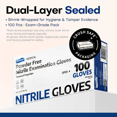 Box of 100 count powder free nitrile examination gloves with text detailing features and dual-layer sealed packaging