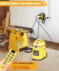 Automatic vacuum switch with remote; yellow wall-mounted control box, dust collector, and table saw in workshop