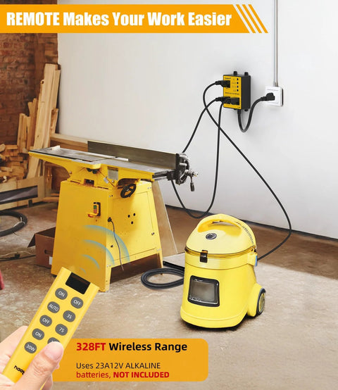 Automatic vacuum switch with remote; yellow wall-mounted control box, dust collector, and table saw in workshop