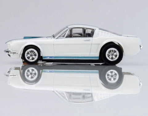 Side view of 1965 Shelby GT350 HO Scale Slot Car White And Blue For Mega G Plus Chassis Track Ready Drivable With Low Center Of Gravity
