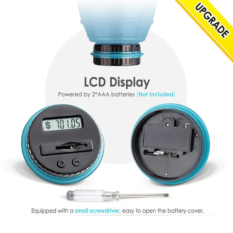 Ultra Large Digital Coin Bank With LCD Counter For All US Coins, 2.8L Capacity Money Jar detail showing blue lid and LCD display.