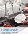 Top Shelf Stainless Steel Kitchen Faucet With Slick Pull Down Sprayer And Cold Forward Handle For Lead Free Safety And No Sweat Daily Sink Chores Plus Easy DIY Setup, 23 inch height, 360° swivel, rinsing plate.