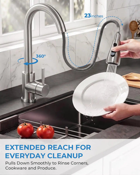 Top Shelf Stainless Steel Kitchen Faucet With Slick Pull Down Sprayer And Cold Forward Handle For Lead Free Safety And No Sweat Daily Sink Chores Plus Easy DIY Setup, 23 inch height, 360° swivel, rinsing plate.