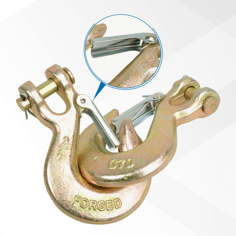 2 Pack 3/8 Inch Clevis Grab Hooks G70 Steel Chain Slip Hook With Safety Latch 18000 Lbs Capacity in gold finish