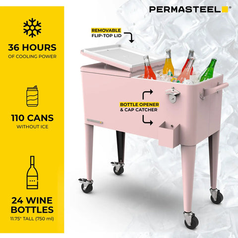 80 Quart Classic Retro Outdoor Patio Cooler On Wheels With Handles Pink Perfect For Parties Keeps Drinks Cold All Summer Long Bar Cart Style Beverage Cooler For Outdoor Gatherings