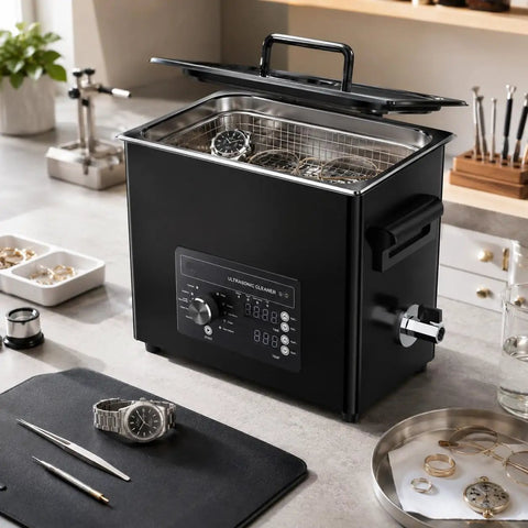 Heavy Duty 6 Liter Ultrasonic Cleaner With Digital Timer And Heater, with watches and jewelry in a stainless steel basket.