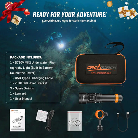 Packaging of Underwater Video Light 2300 Lumens For Dive Photography Tri Color White Red Violet UV with accessories.