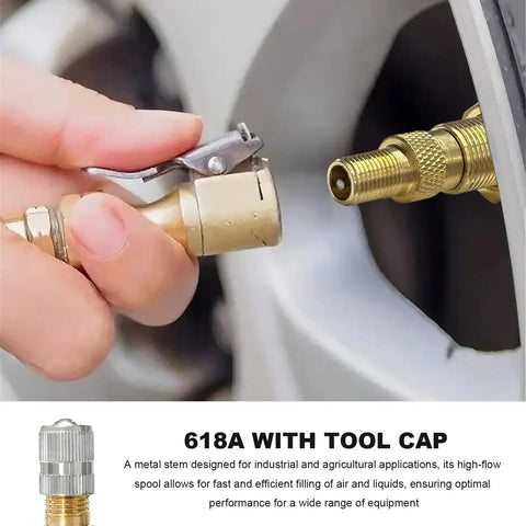 Close-up of Two Pack TR618A Metal Valve Stems For Tubeless Tires High Flow Core For Fast Air And Liquid Filling in use