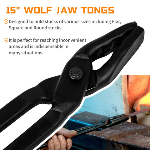 Wolf jaw tongs from Forging Hammer And Wolf Jaw Blacksmith Tool Set for Metalworking Precision Control in use gripping metal