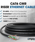Cat6 Ethernet Cable 1000ft Bulk LAN Wire 23AWG UTP CMR Riser 10Gbps 550MHz Black coiled with label details