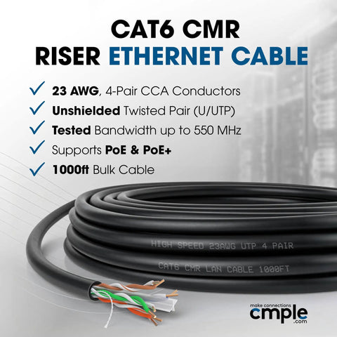Cat6 Ethernet Cable 1000ft Bulk LAN Wire 23AWG UTP CMR Riser 10Gbps 550MHz Black coiled with label details