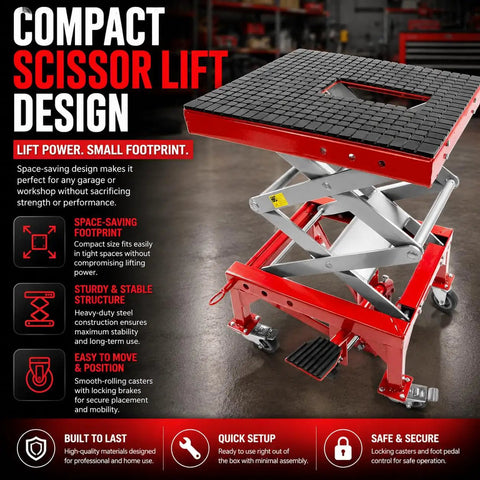 Heavy Duty Hydraulic Motorcycle Scissor Lift Jack 300 Lb Capacity Foot Operated Mini Lift Table With Crank For Dirt Bikes Atvs Badass Garage Shop Tool