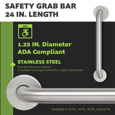 Heavy Duty 24 Inch Bathroom Grab Bar With Rock Solid Brushed Stainless Steel And Slick Concealed Screws For Bathrooms Showers And Badass Ada Certified Wall Assist Handle With Knockout Grip Strength, 1.25 inch diameter.