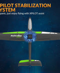 Top view of 4 Channel RC Airplane For Adults With Sturdy Foam Build, 3 Flying Modes, XPILOT stabilization system, dark blue background.