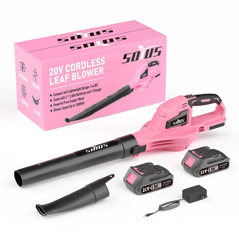 Cordless 20V Leaf Blower With Two 2.0Ah Batteries And Charger Included, 150 MPH Turbo Mode, dual speeds, in pink finish.
