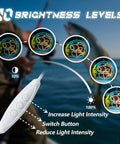 Illustration of 10 brightness levels for Dimmable Fishing Neon Sign LED Hook Lights For Wall Decor And Man Cave Vibe Fishing Themed Neon Light For Fishing Lovers Gear Store Coastal Kitchen Bedroom Yacht Party Decor, showing remote control with intensity options.
